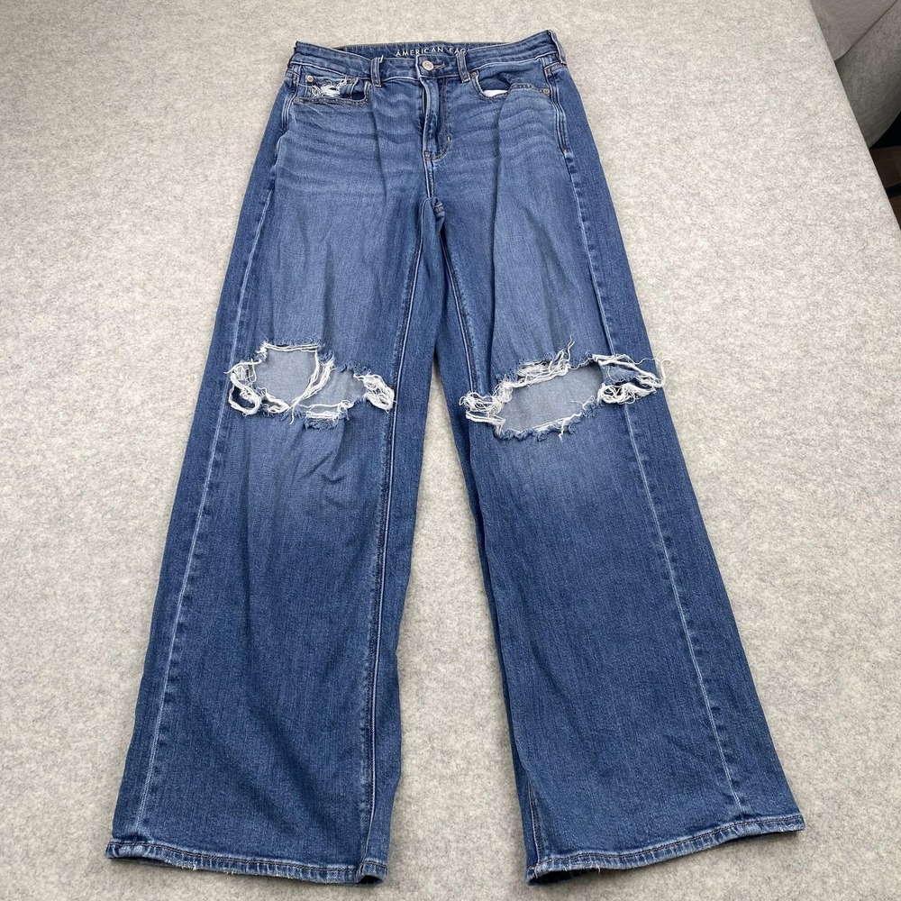 American Eagle Outfitters Wide Leg Jeans Womens 4 (28x30) High Rise Distressed
